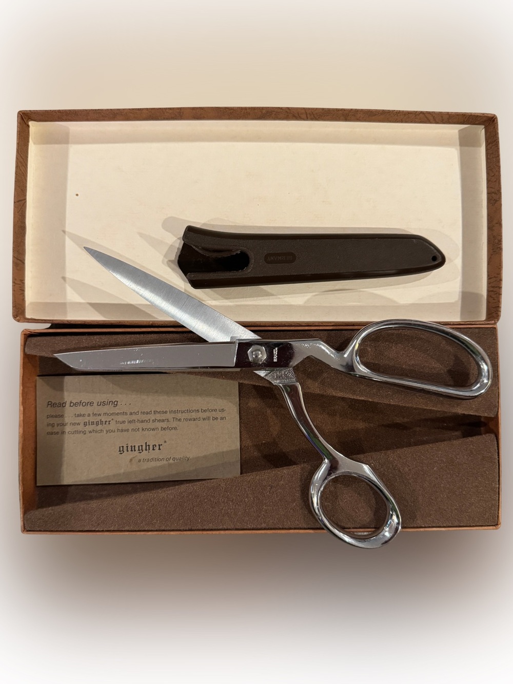 Vintage Gingher 8” True Left-Hand Dressmaker Shears Germany Box Chrome Scissors